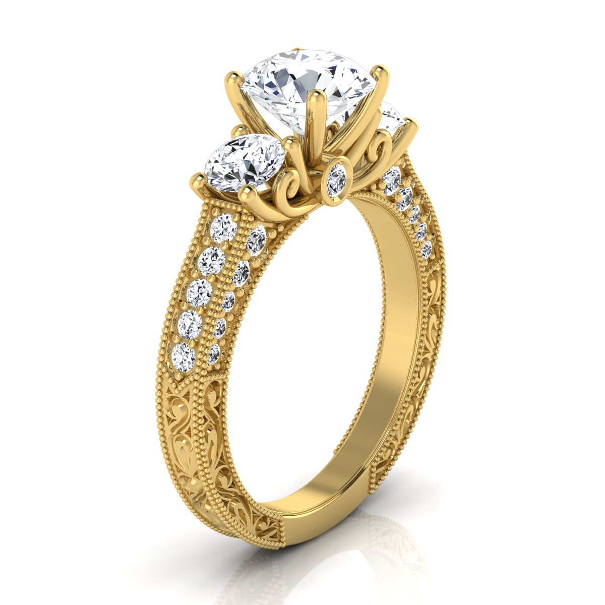 1 7/8ctw Round 3 Stone Engagement Ring With Diamond Pave Shank In 14k Yellow Gold, Igi-certified