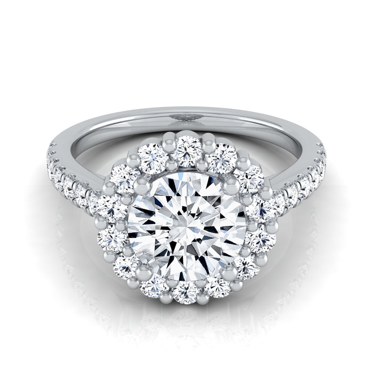 1 5/8ctw Round Diamond Halo Engagement Ring With Pave Shank In 14k White Gold, Igi-certified