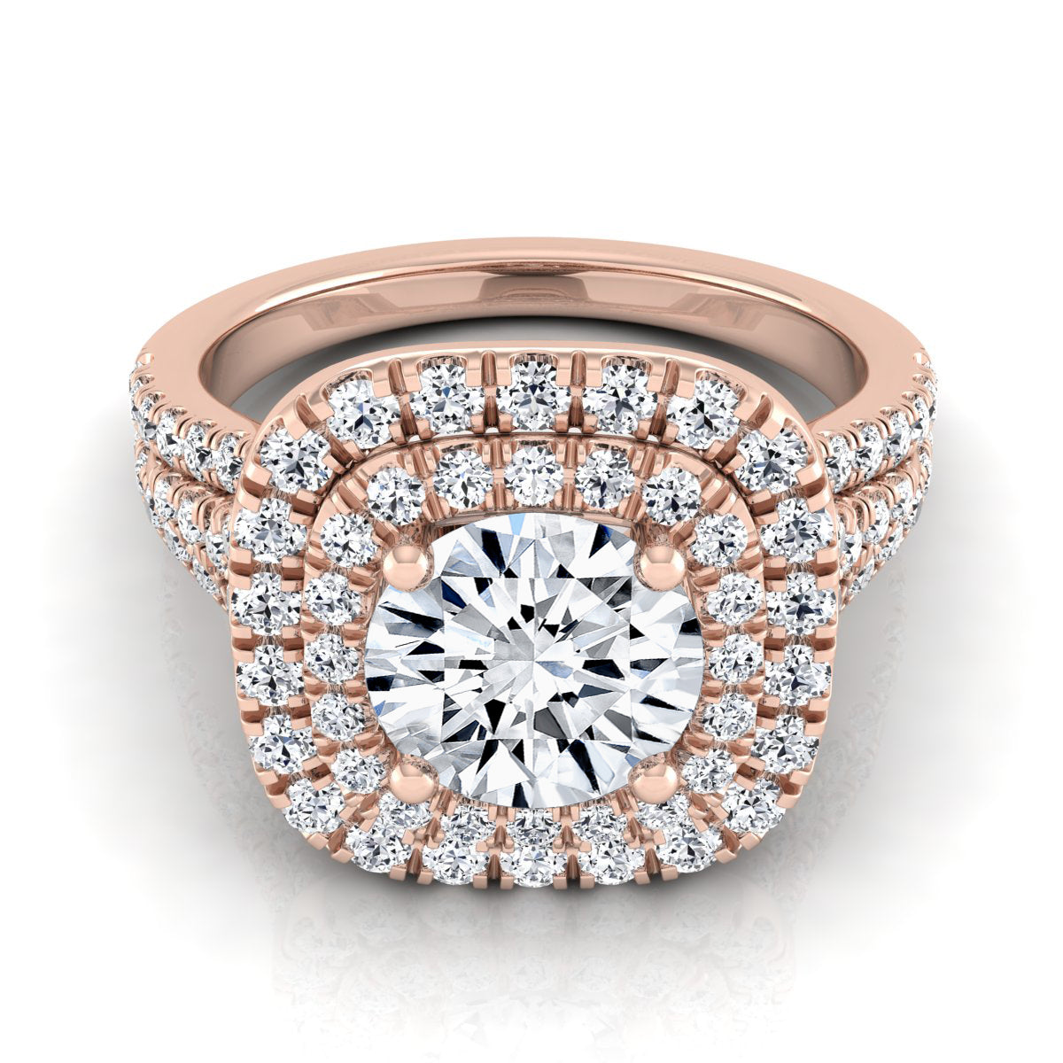1 4/5ctw Round Diamond Double Square Halo Engagement Ring With Pave Split Shank In 14k Rose Gold, Igi-certified