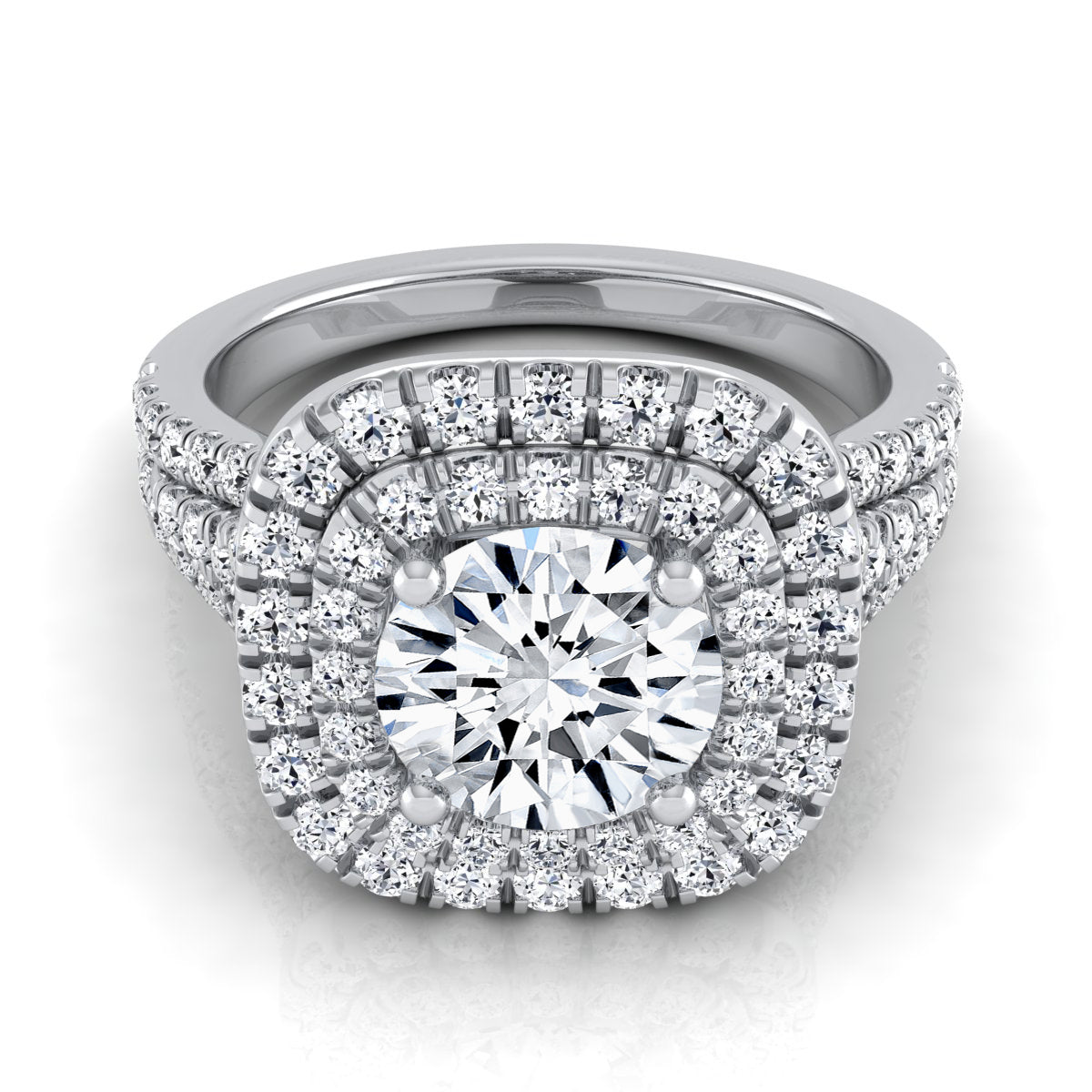 1 4/5ctw Round Diamond Double Square Halo Engagement Ring With Pave Split Shank In 14k White Gold, Igi-certified