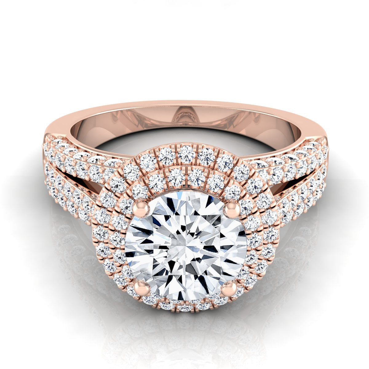 1 9/10ctw Round Diamond Double Halo Engagement Ring With Split Pave Shank In 14k Rose Gold, Igi-certified