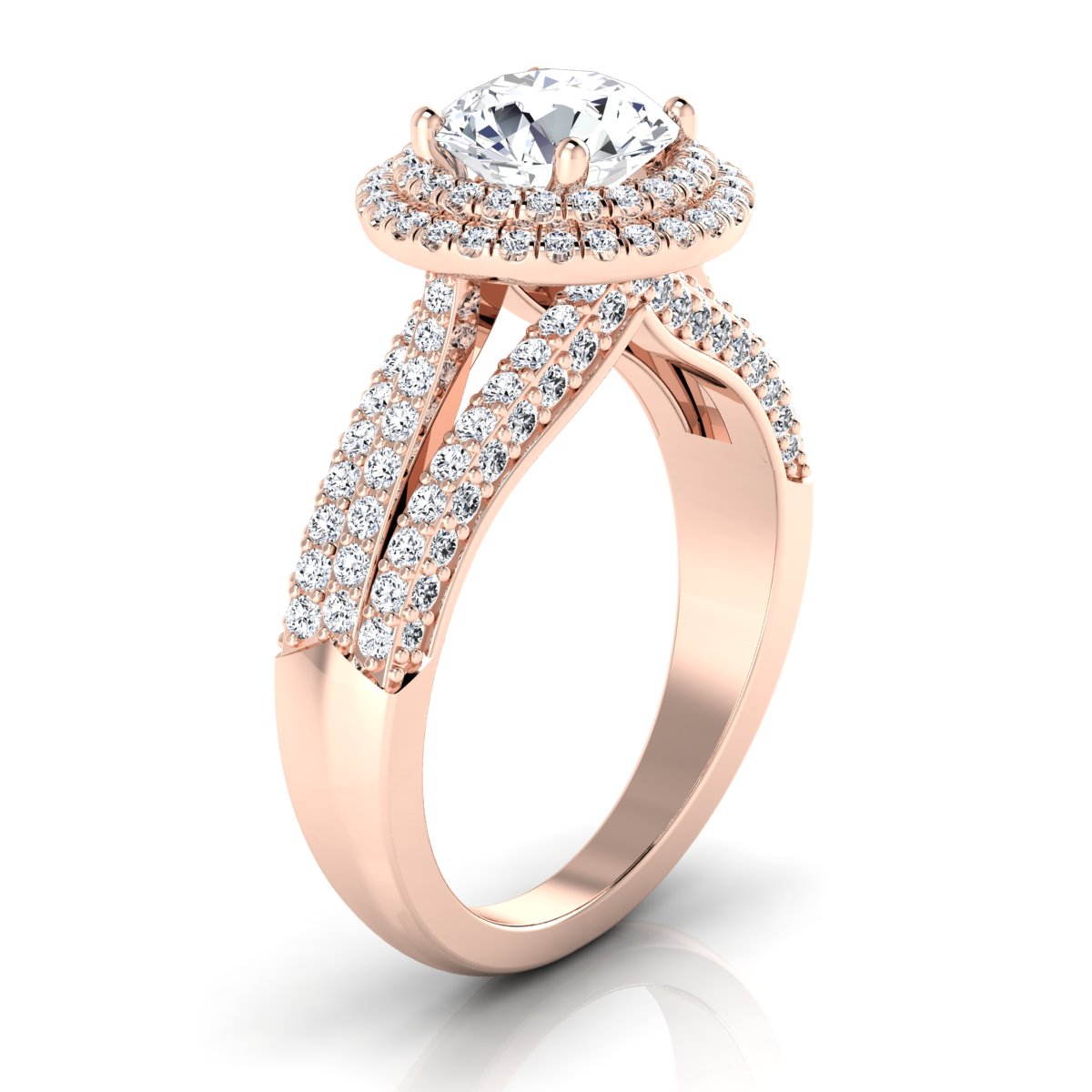 1 9/10ctw Round Diamond Double Halo Engagement Ring With Split Pave Shank In 14k Rose Gold, Igi-certified