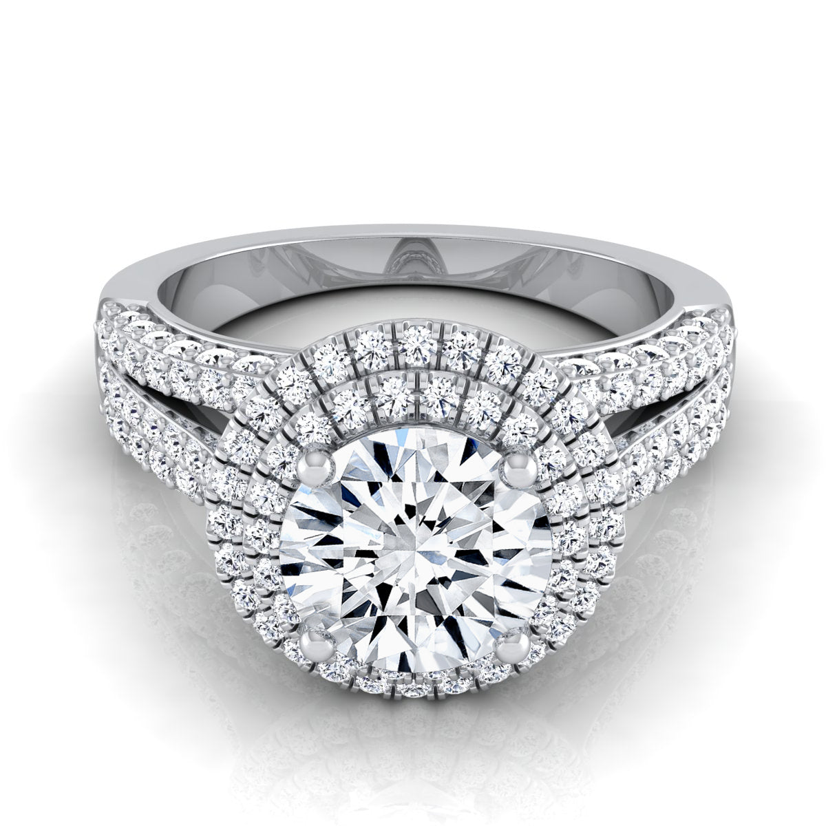 1 9/10ctw Round Diamond Double Halo Engagement Ring With Split Pave Shank In 14k White Gold, Igi-certified