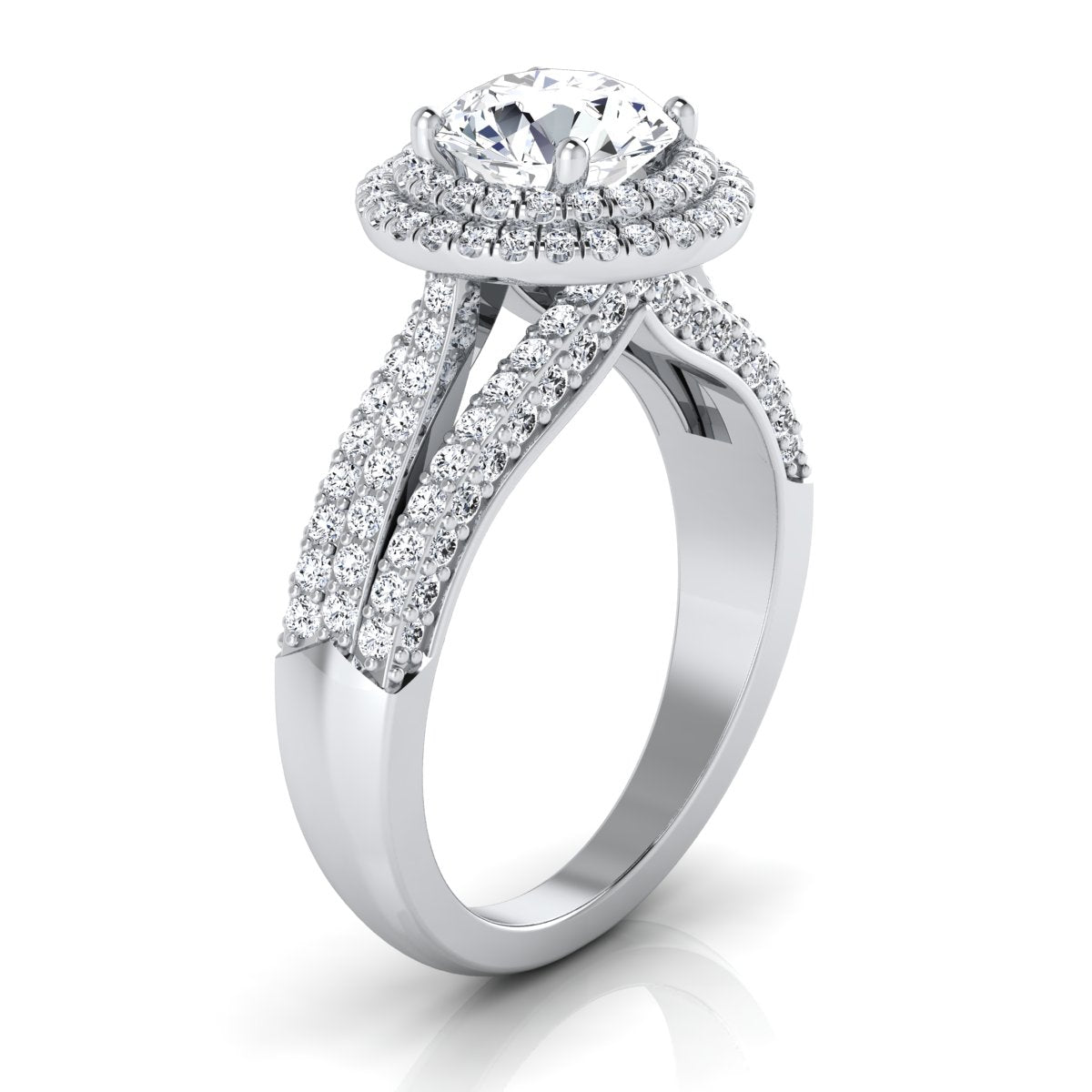 1 9/10ctw Round Diamond Double Halo Engagement Ring With Split Pave Shank In 14k White Gold, Igi-certified