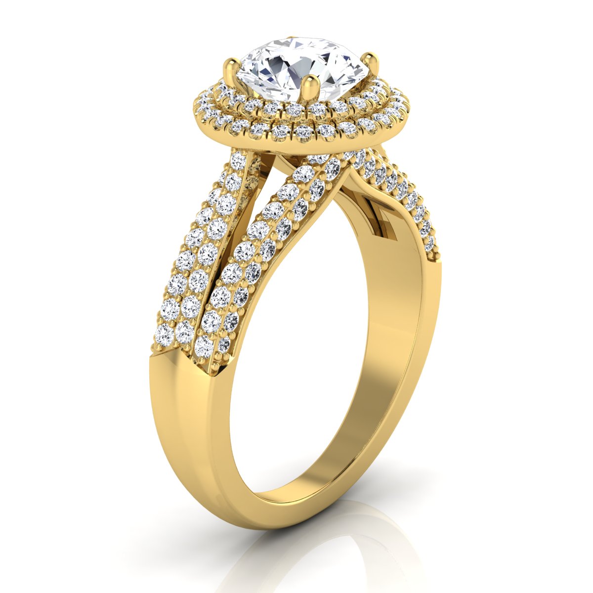 1 9/10ctw Round Diamond Double Halo Engagement Ring With Split Pave Shank In 14k Yellow Gold, Igi-certified