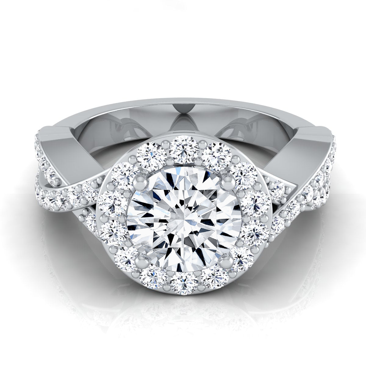 1 3/4ctw Round Diamond Halo Engagement Ring With Infinity Shank In 14k White Gold, Igi-certified