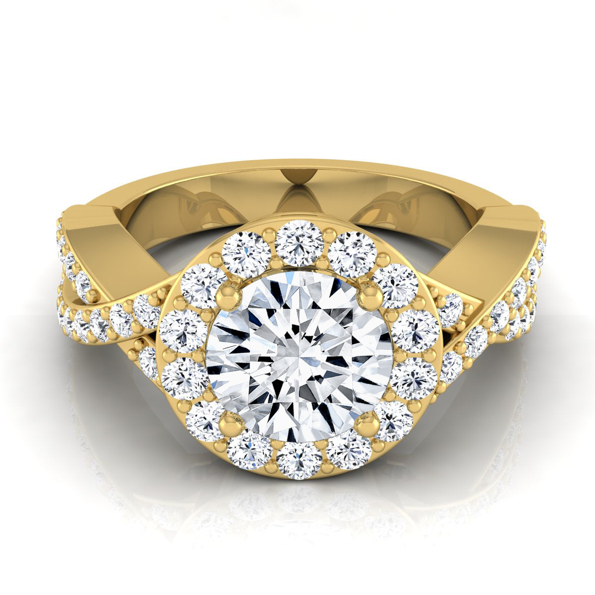 1 3/4ctw Round Diamond Halo Engagement Ring With Infinity Shank In 14k Yellow Gold, Igi-certified