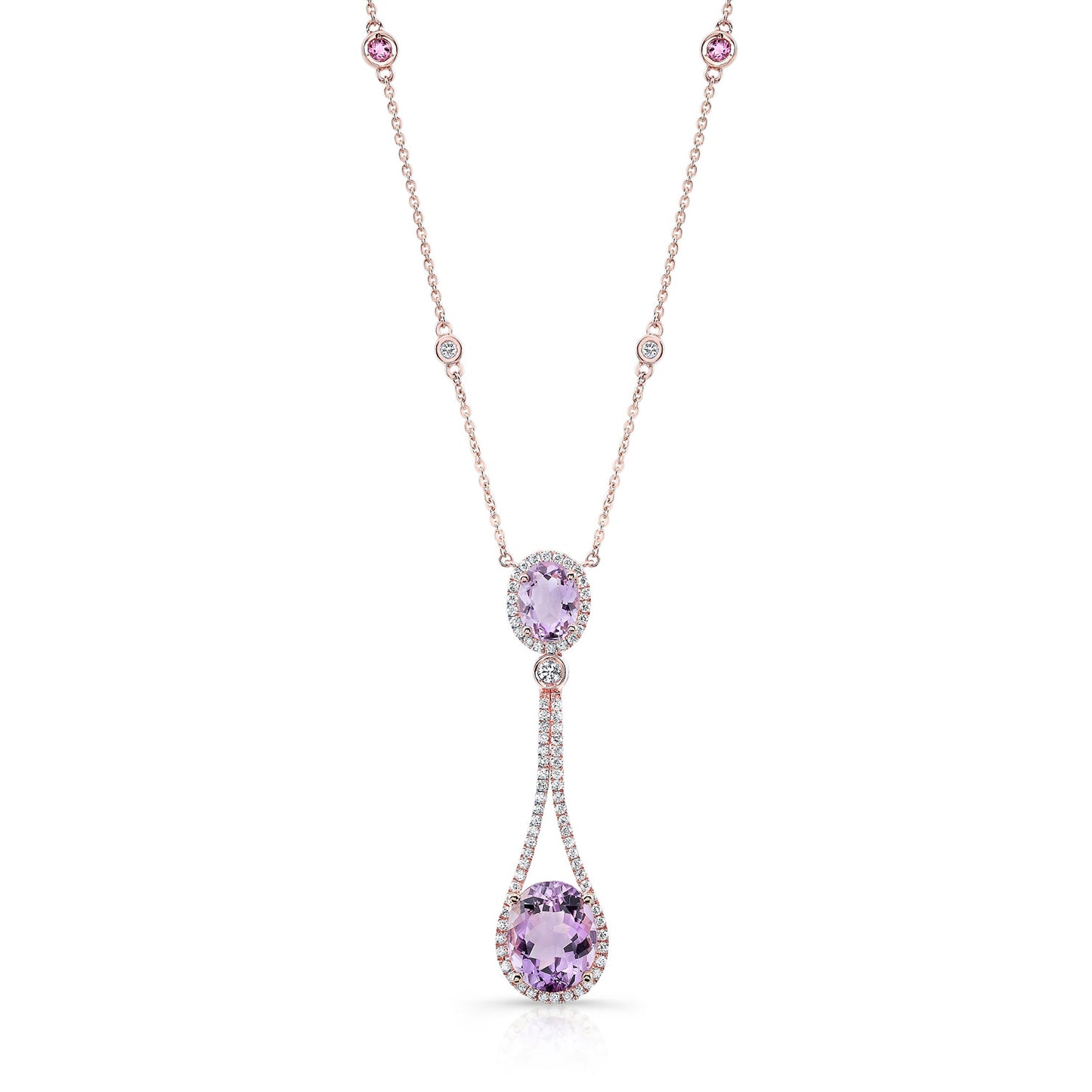 Amethyst, Pink Tourmaline And Diamond Pendant Pendulum Necklace In 14k Rose Gold