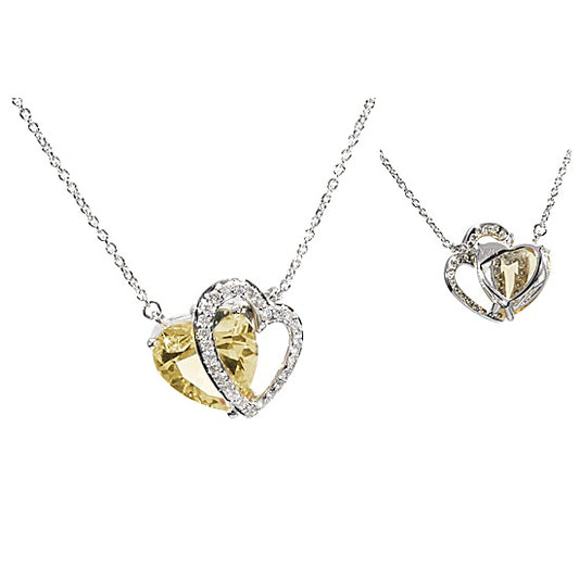 Citrine And Diamond Double Heart Necklace In 14k White Gold (18-in Curb Chain)