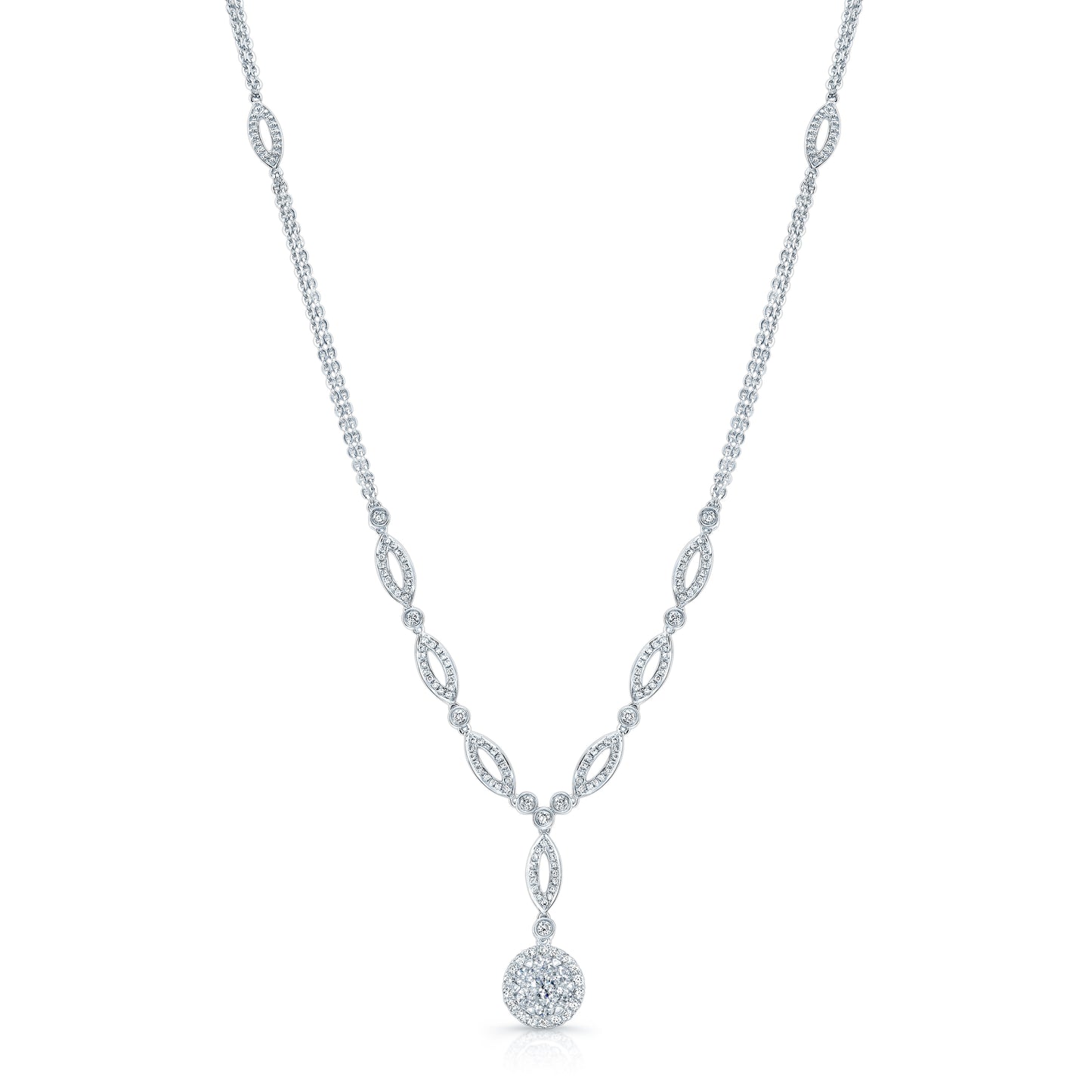 Diamond Marquise Link Necklace With Double Strand Chain In 14k White Gold