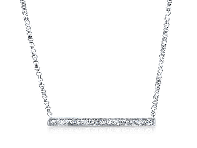 Diamond Pave Bar Necklace With Millgrained Edging In 14k White Gold