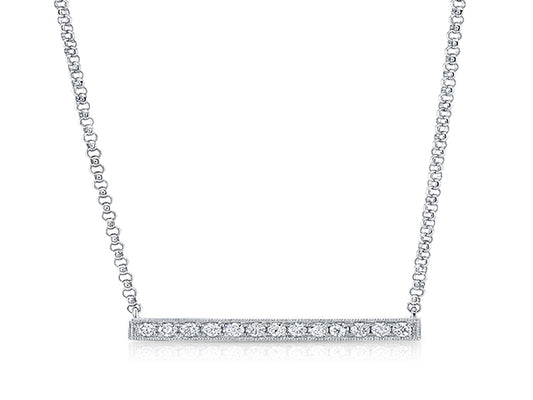 Diamond Pave Bar Necklace With Millgrained Edging In 14k White Gold