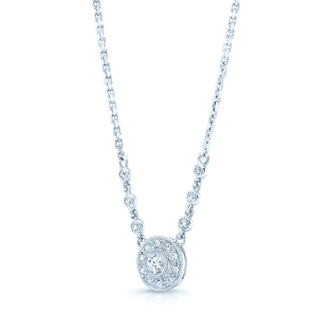 Diamond Round Halo Necklace With Milgrain Detail And Chain Beading In 14k White Gold (0.20ct Center)