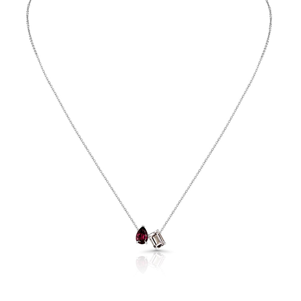Rhodolite Garnet and Morganite Toi et Moi Necklace in 14k White Gold