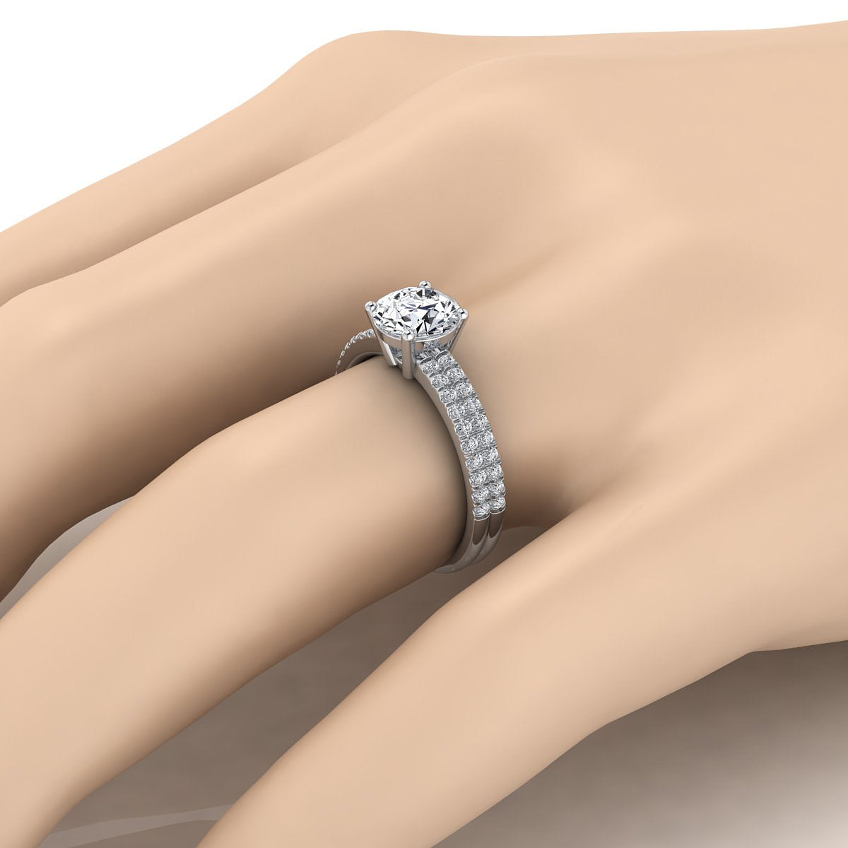1 1/4ctw Round Diamond Double Row Engagement Ring With Micro U Set Pave In 14k White Gold, Igi-certified