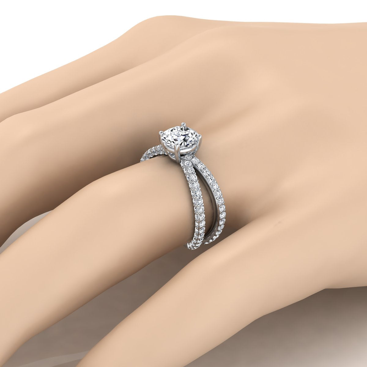 2 1/4ctw Round Diamond Engagement Ring With Crossover Pave Shank In 14k White Gold, Igi-certified