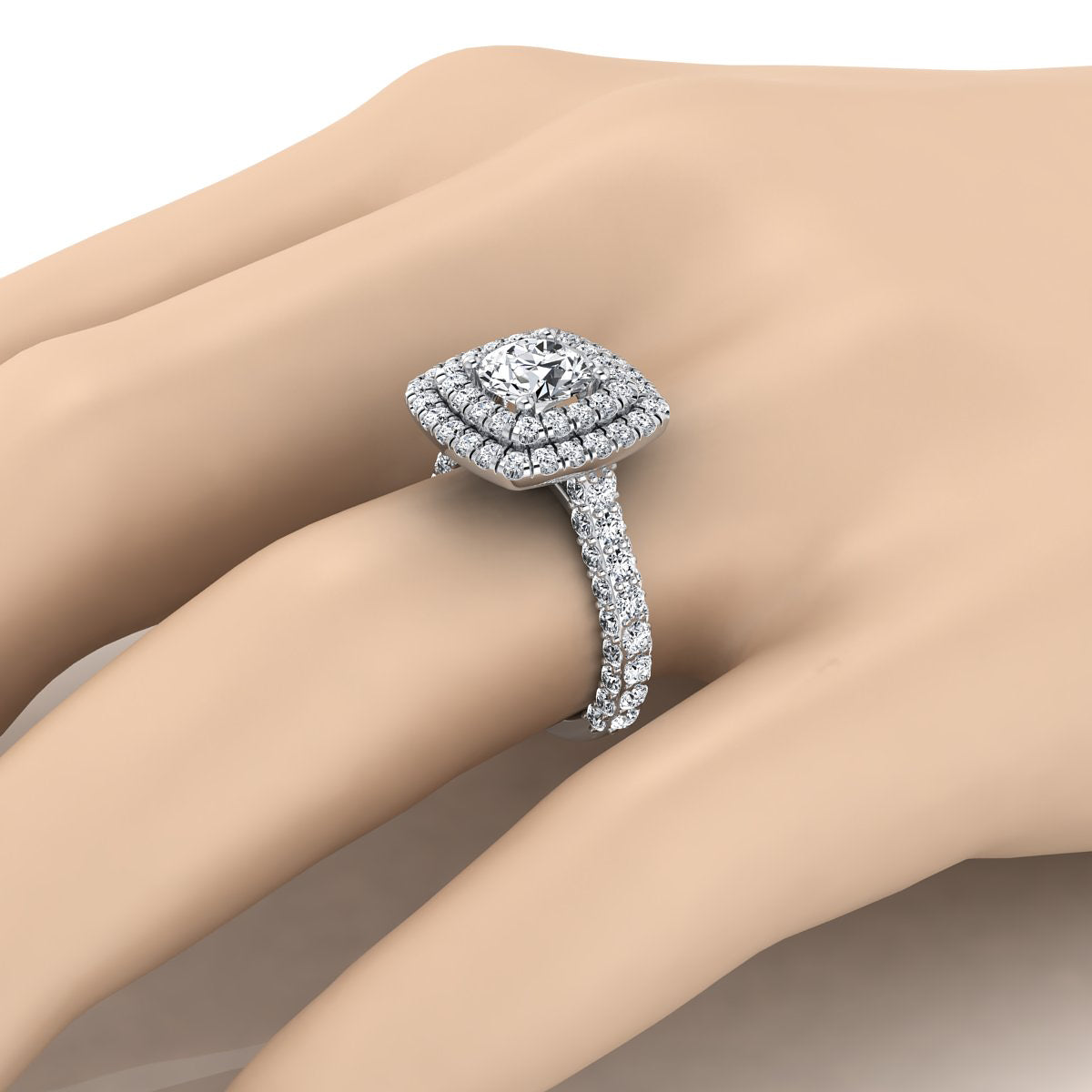 3 1/6ctw Round Diamond, Double Square Halo Engagement Ring With Pave Shank In 14k White Gold, Igi-certified