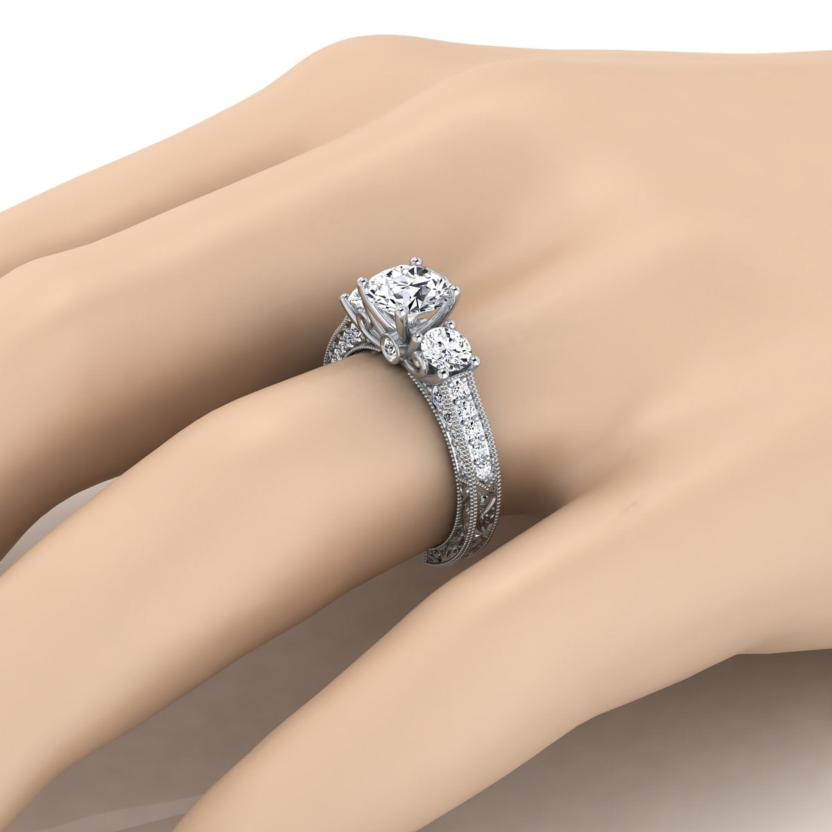 1 7/8ctw Round 3 Stone Engagement Ring With Diamond Pave Shank In 14k White Gold, Igi-certified
