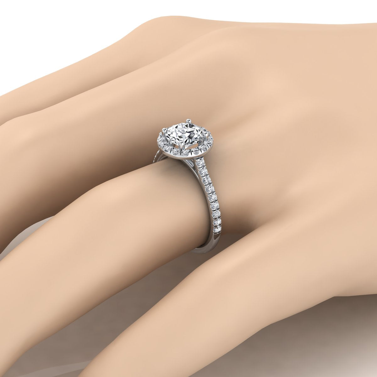 1 3/8ctw Round Diamond Halo Engagement Ring With Pave Shank In 14k White Gold, Igi-certified