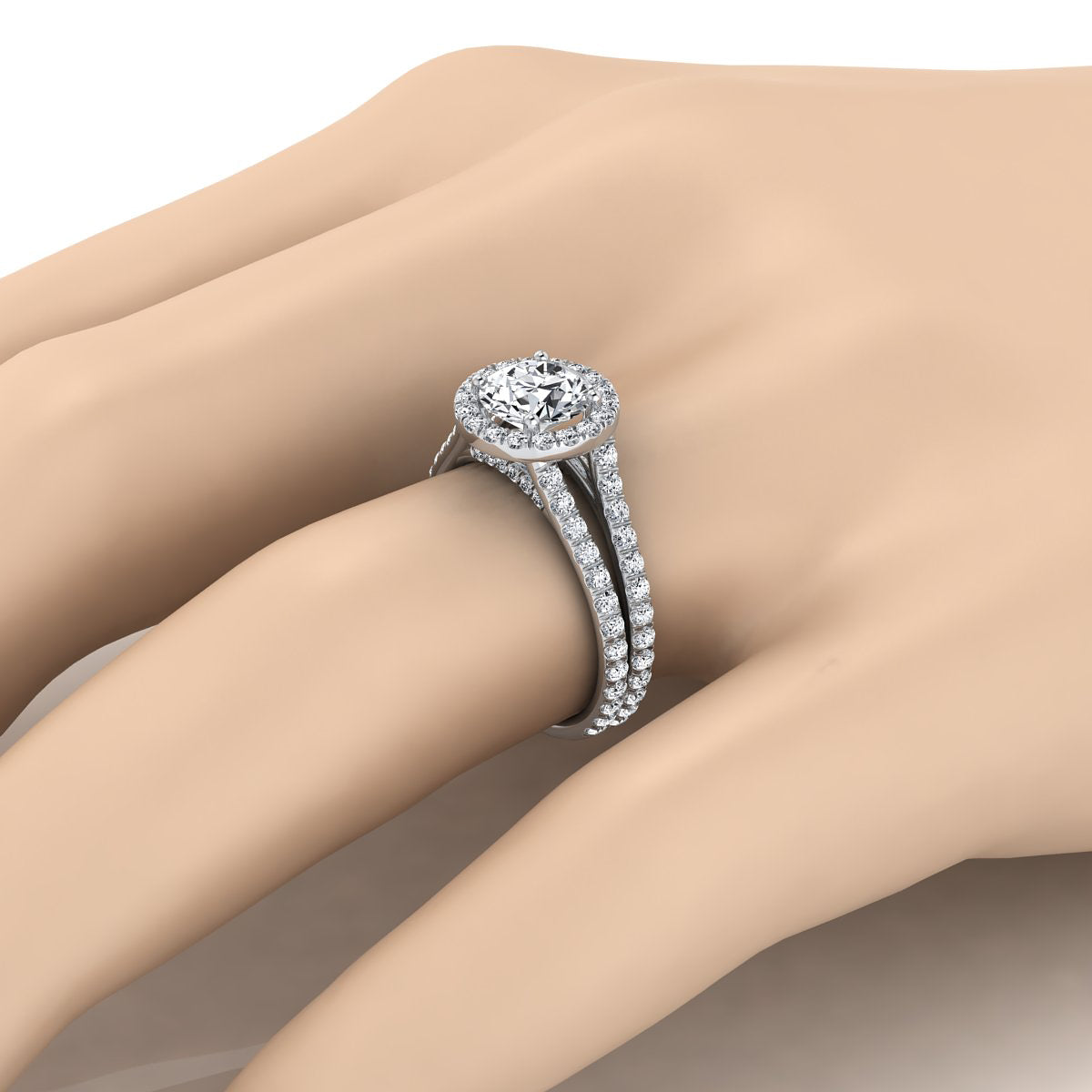1 7/8ctw Round Diamond Halo Engagement Ring With A Split Shank In 14k White Gold, Igi-certified