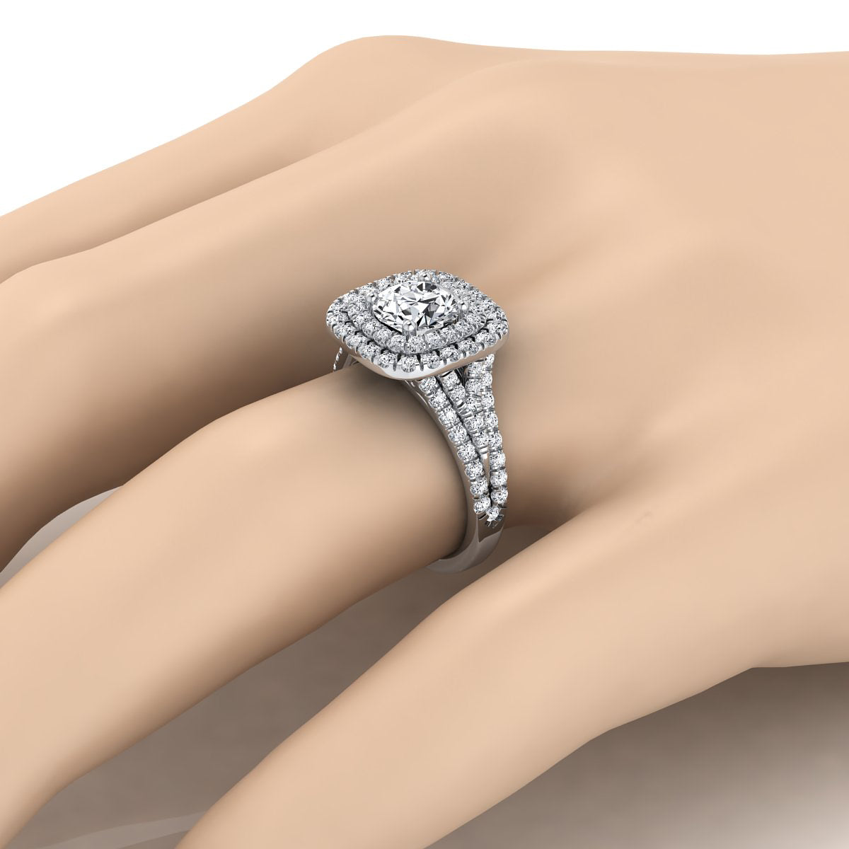 1 4/5ctw Round Diamond Double Square Halo Engagement Ring With Pave Split Shank In 14k White Gold, Igi-certified