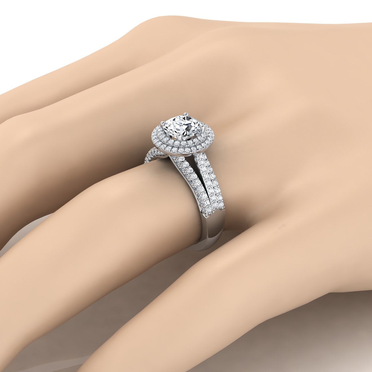 1 9/10ctw Round Diamond Double Halo Engagement Ring With Split Pave Shank In 14k White Gold, Igi-certified