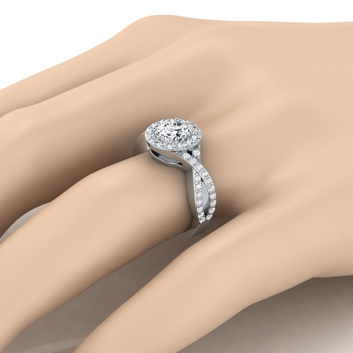 1 3/4ctw Round Diamond Halo Engagement Ring With Infinity Shank In 14k White Gold, Igi-certified