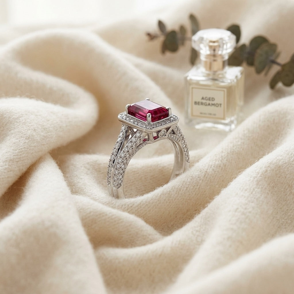 Ruby Emerald Cut And Diamond Ring 18k White Gold — textile flat lay