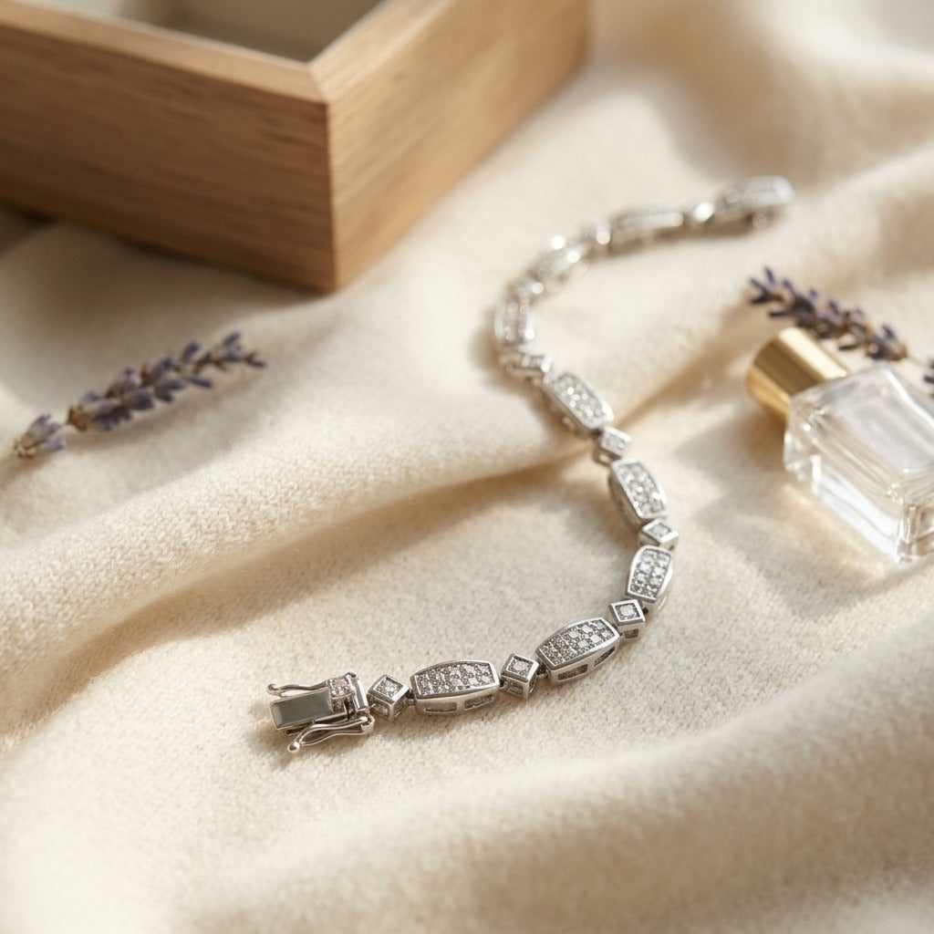 Diamond Princess Invisible-Set Bracelet with Round Bezel Links in 18k White Gold (3ctw) — textile flat lay