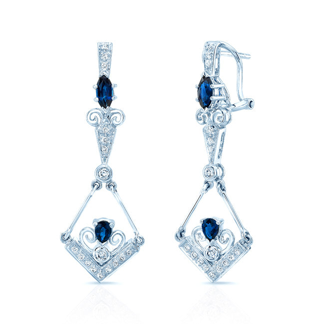 Sapphire And Diamond Dangle Kite Omega Back Earrings In 18k White Gold