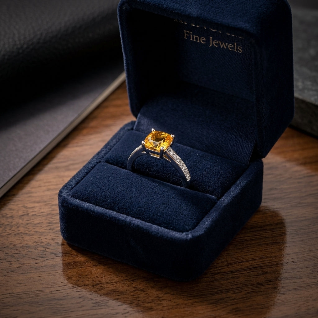 Yellow Sapphire And Diamond Ring In 18k White Gold — gift presentation