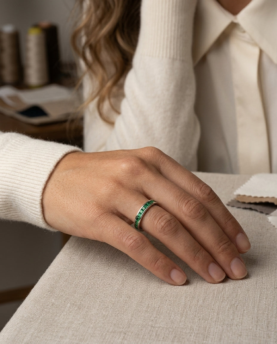Green Tsavorite Eternity Band In 18k White Gold — editorial close-up