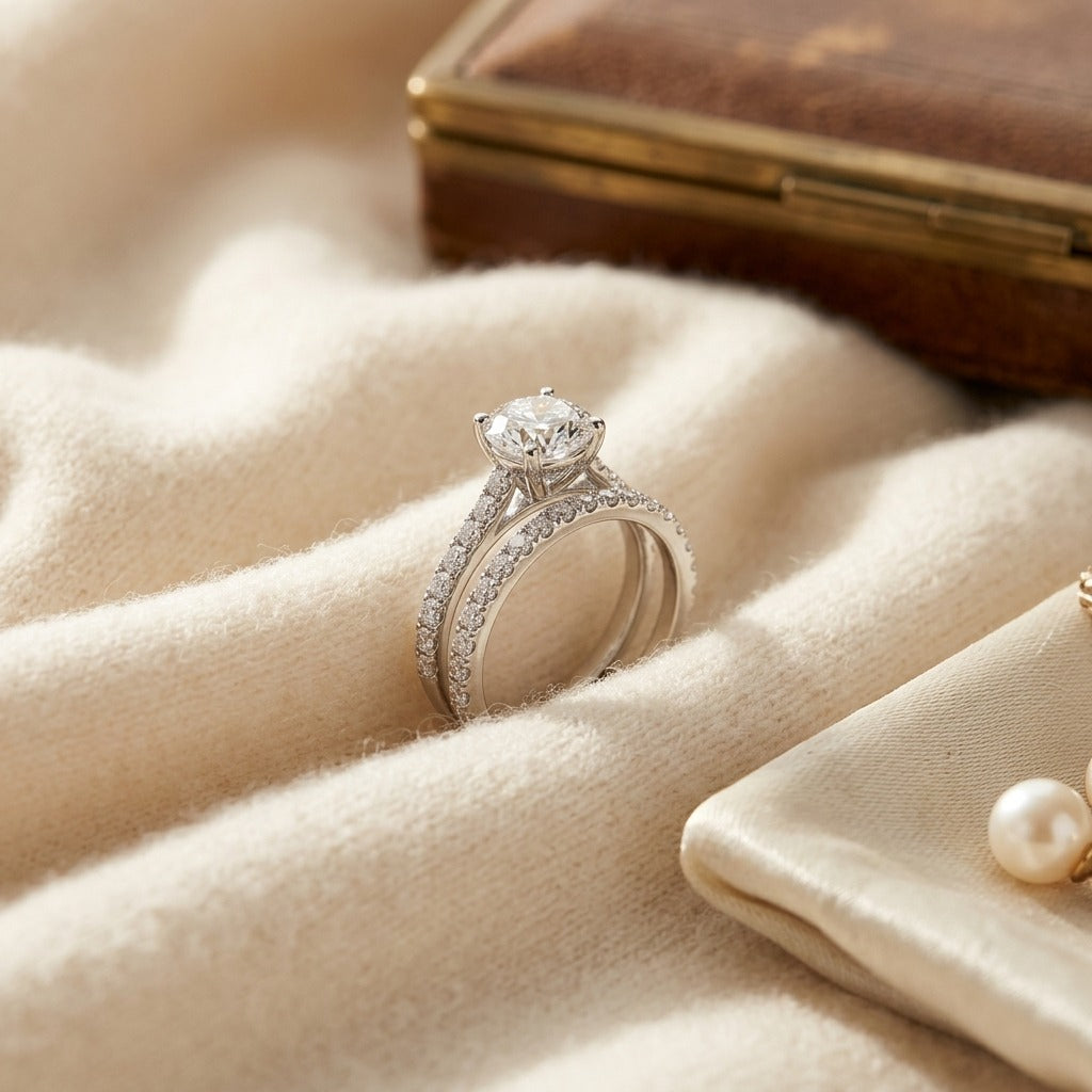 Diamond Wedding Set Semi Mount with 2ct Round Head in 14k White Gold (1ctw) — textile flat lay