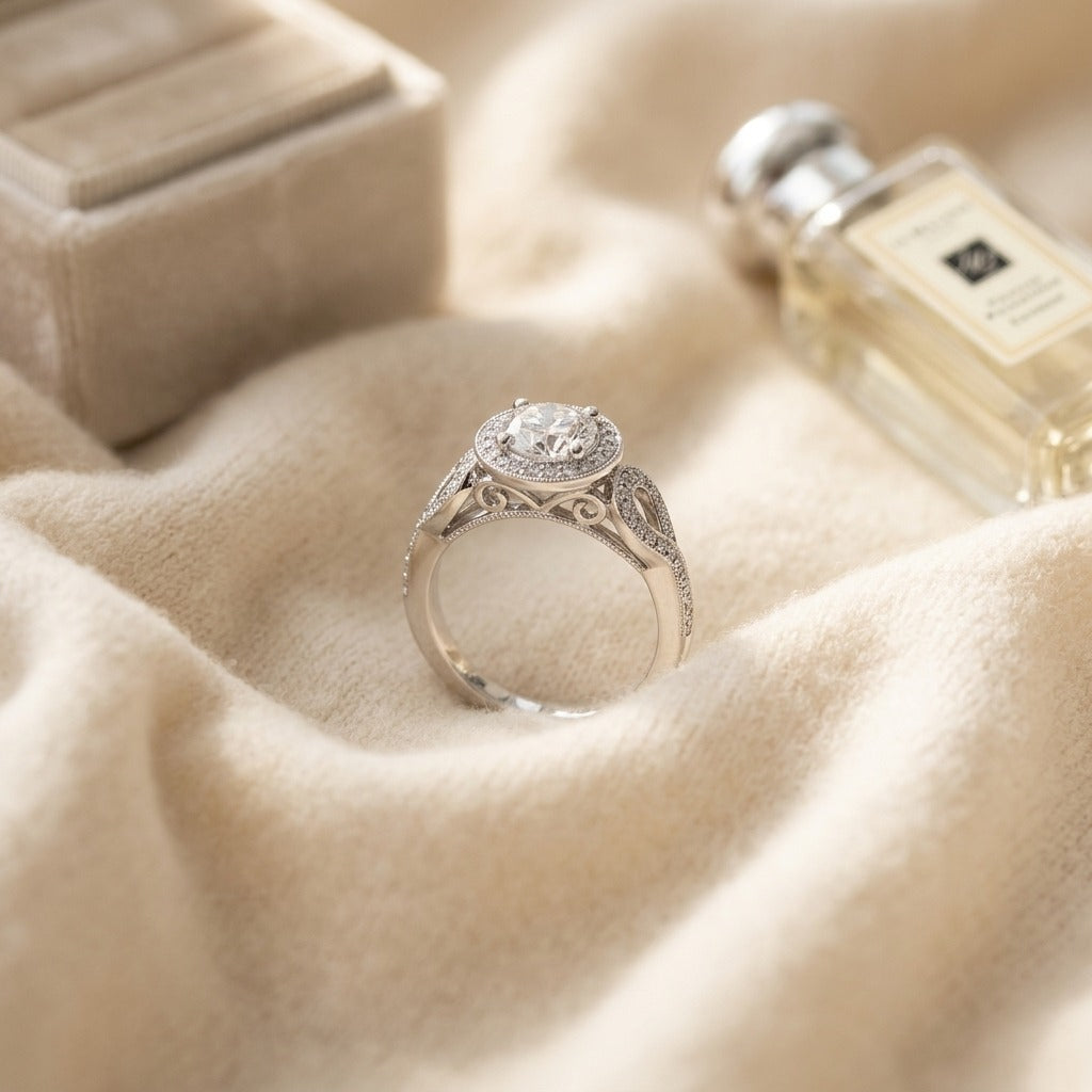 Diamond Wedding Set In 18k White Gold 0.75Ct Round Center — textile flat lay