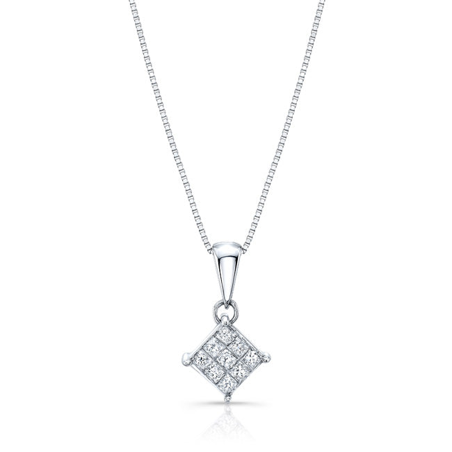 Diamond Invisible Set Princess Cut Dangle Pendant In 18k White Gold 1/4ctw (17-in Box Chain)
