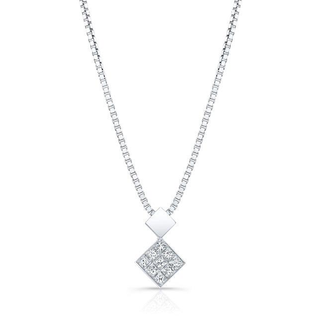 Diamond Invisible Set Princess Cut Pendant In 18k White Gold 1/5ctw (17-in Box Chain)