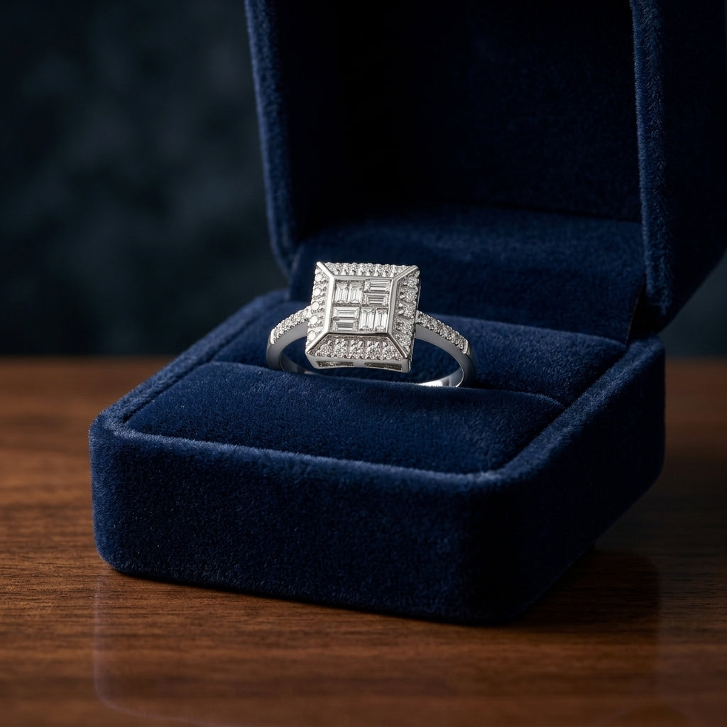 Diamond Baguette Mosaic Geometric Ring In 18k White Gold — gift presentation