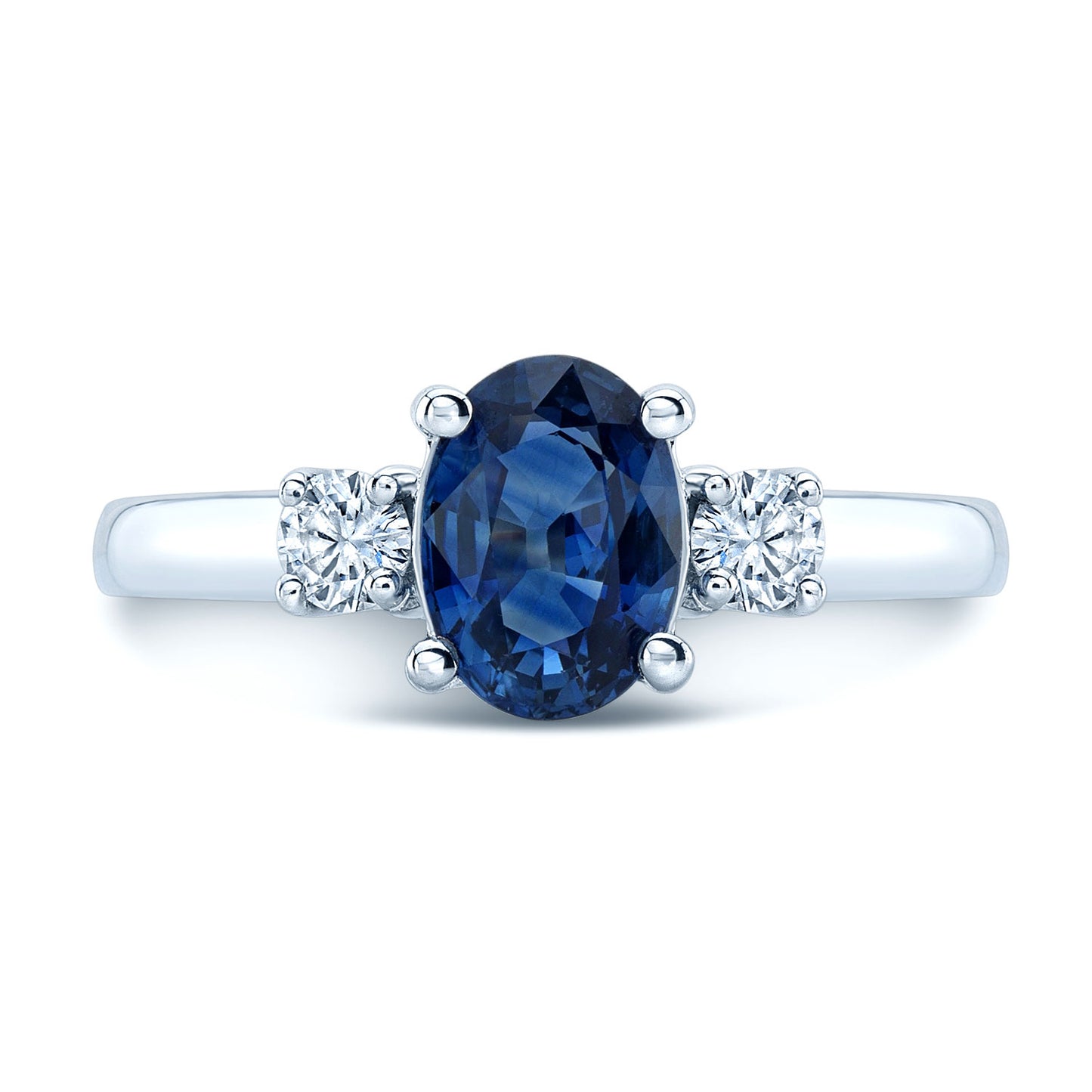 Sapphire Oval And Round Diamonds 3-stone Ring In 18k White Gold, Size 7