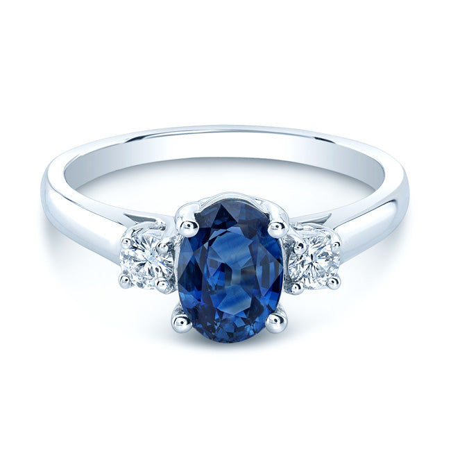 Sapphire Oval And Round Diamonds 3-stone Ring In 18k White Gold, Size 7
