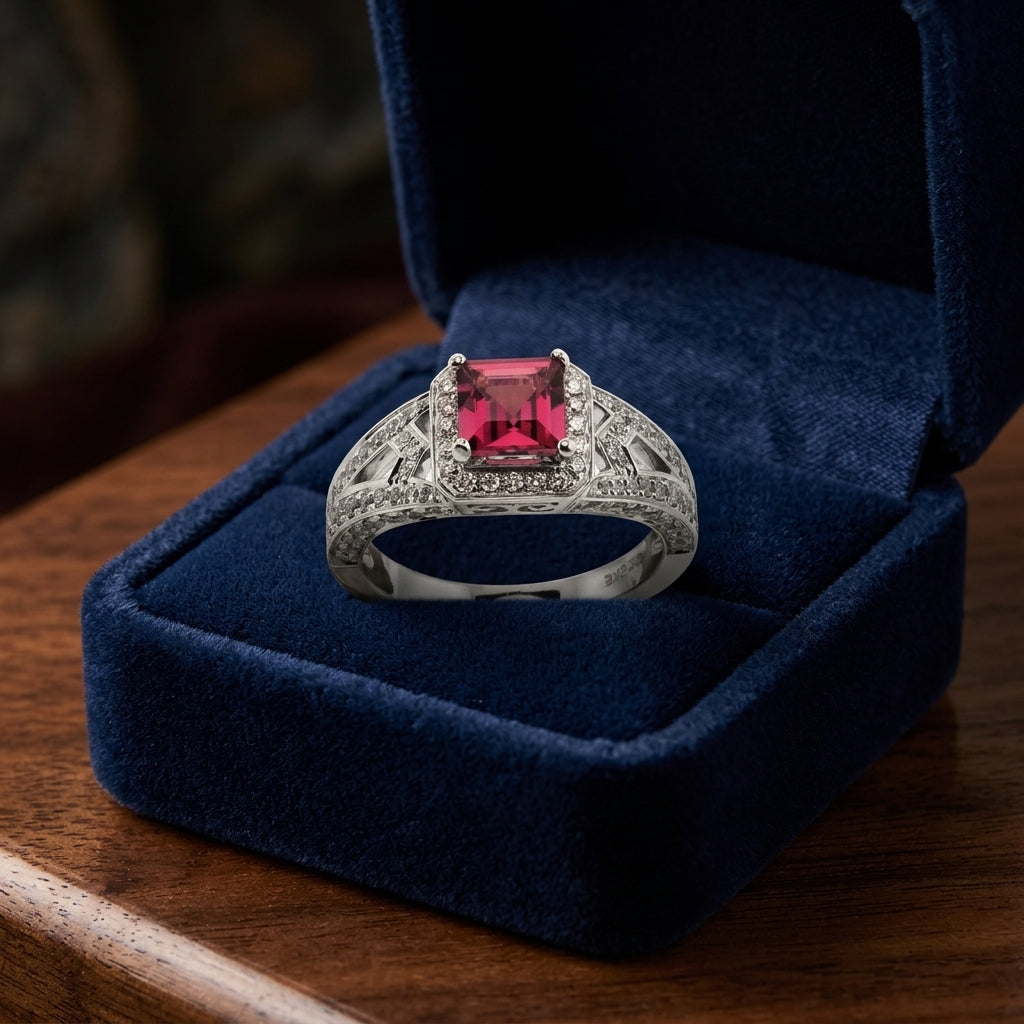 Pink Tourmaline & Diamond Pave Halo Ring In 18k White Gold — gift presentation