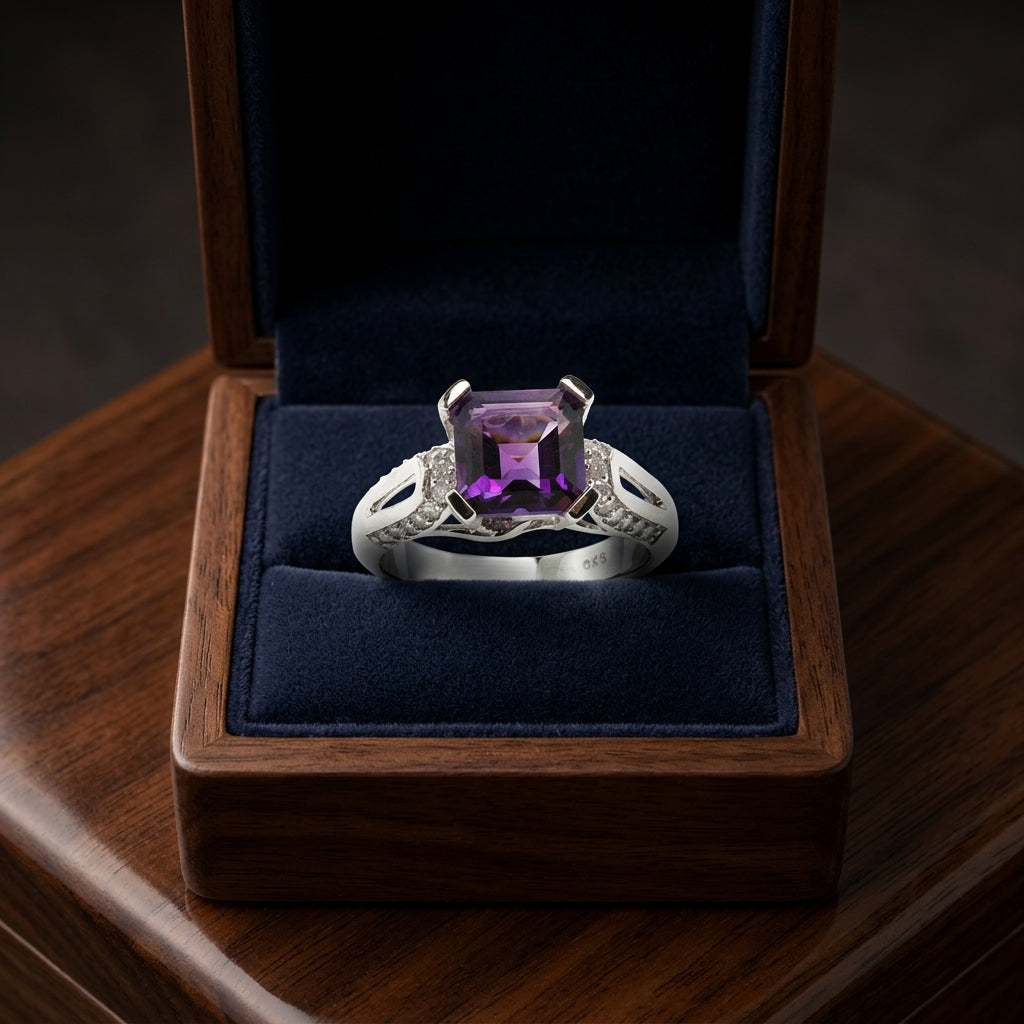 Asscher Cut Amethyst & Diamond Ring In 18k White Gold — gift presentation