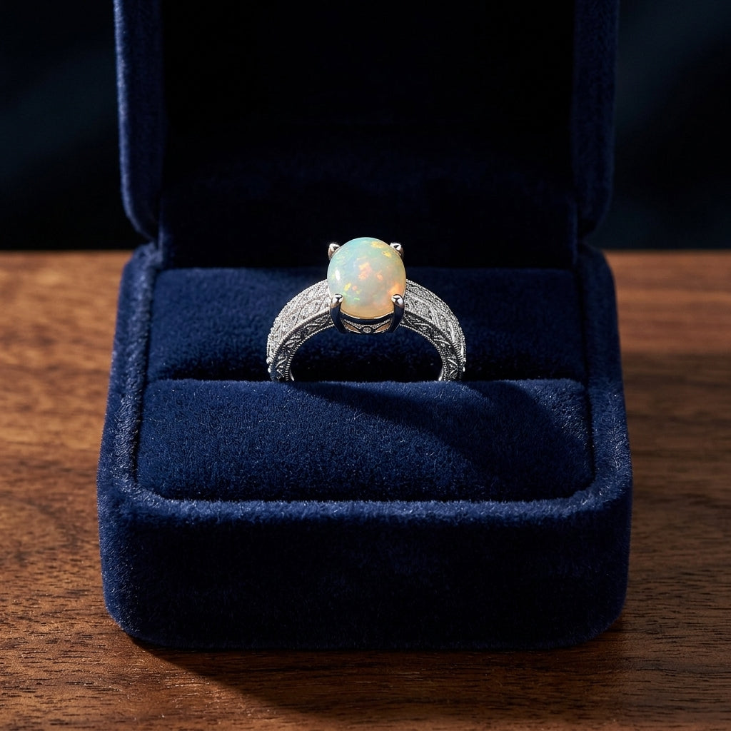 Opal And Diamond Oval Ring In 18k White Gold (3/8ctw) — gift presentation