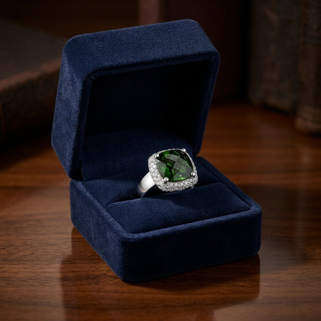 Green Tourmaline And Diamond Cushion Pave Ring In 18k White Gold (0.80ctw) — gift presentation
