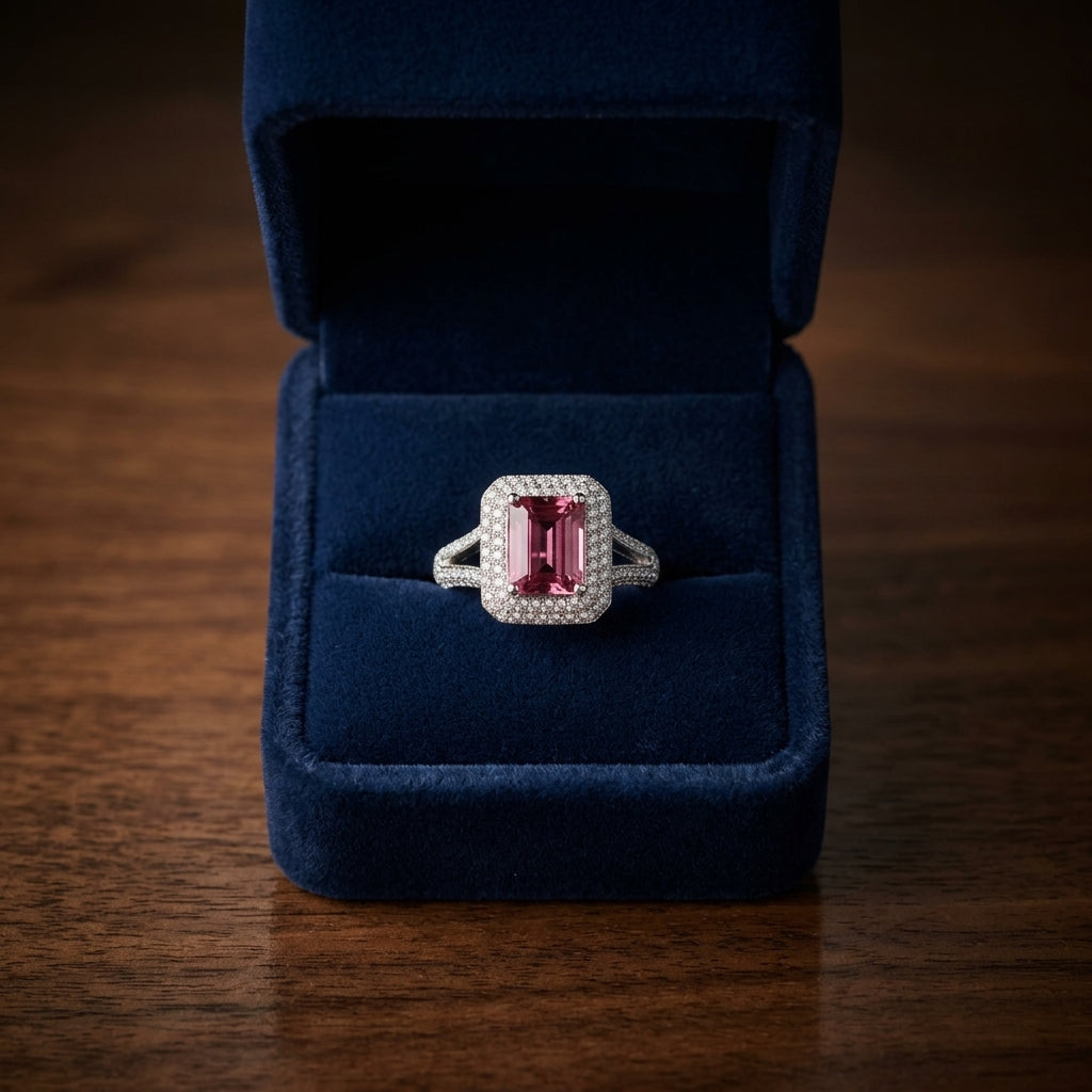 Pink Tourmaline Ring With Pave Diamond Halo & Split Shank In 18k White Gold — gift presentation