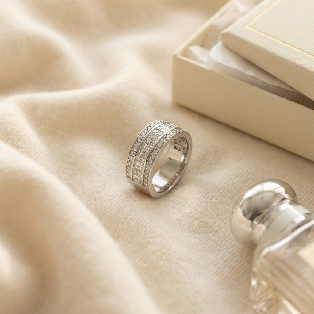 Round, Princess And Baguette Diamond Ring In 18k White Gold (9/10 Ct. Tw.) — textile flat lay