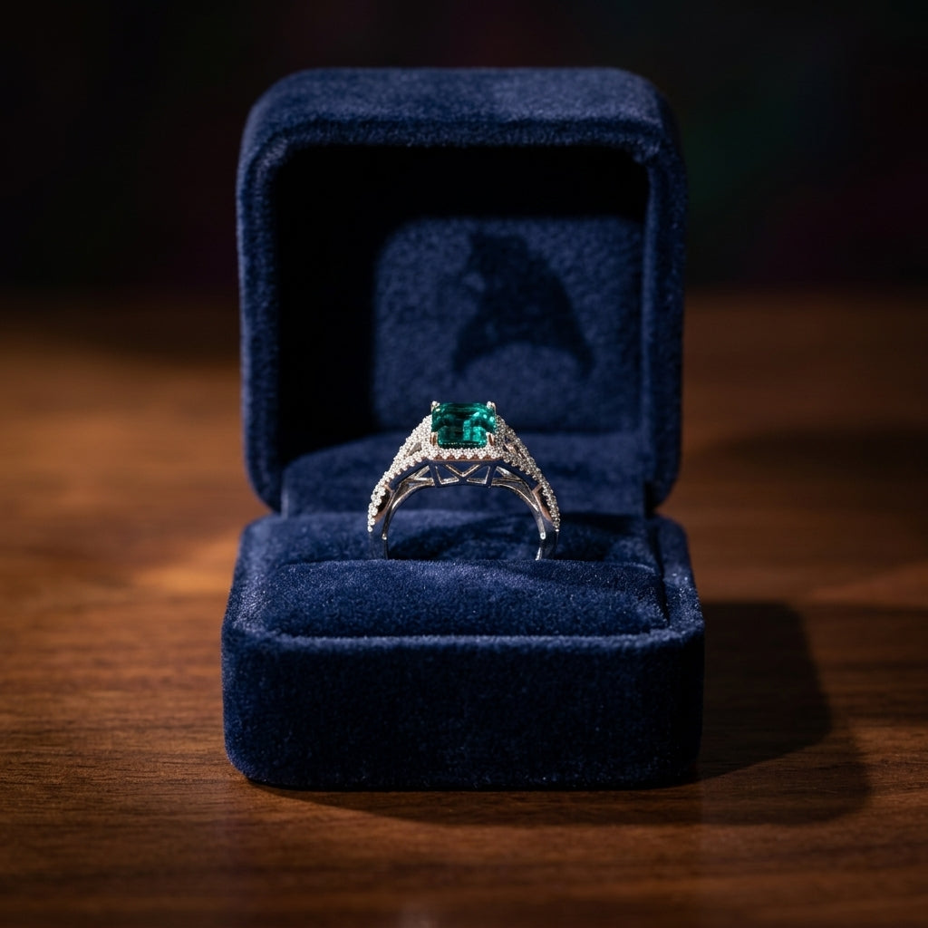 Created Emerald And Diamond Infinity Twist Ring In 18k White Gold — gift presentation