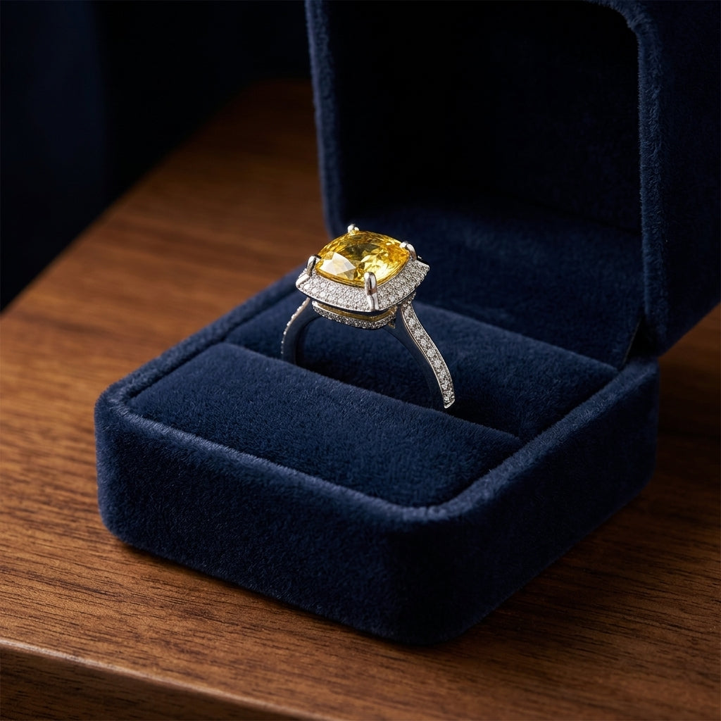 Yellow Sapphire Cushion And Pave Diamond Ring In 18k White Gold (1/2 Ct. Tw.) — gift presentation