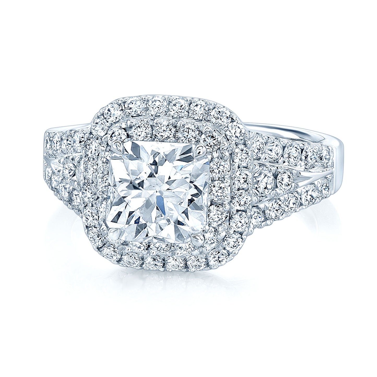 Semi Mount Double Halo Cushion Cut Engagement Ring In 18 Karat White Gold