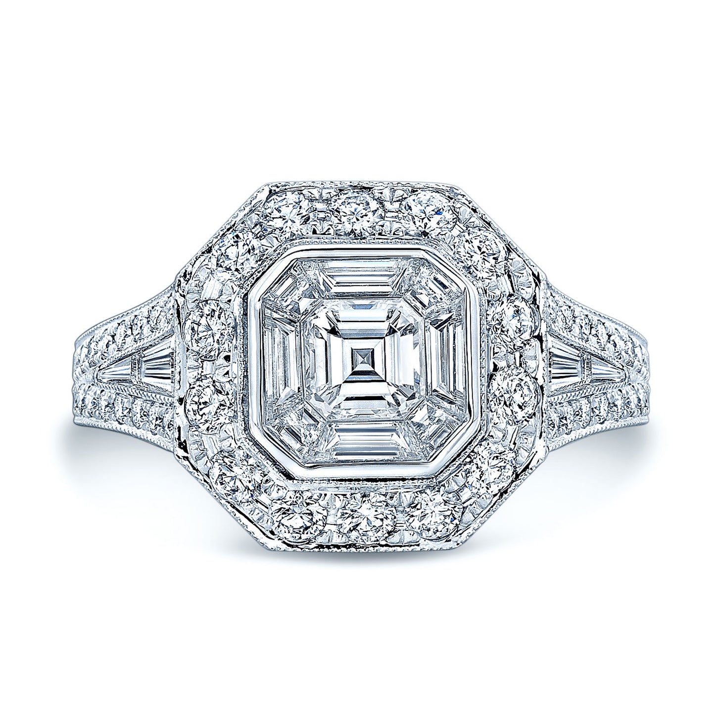 Diamond Composite Asscher Center Ring In 18k White Gold