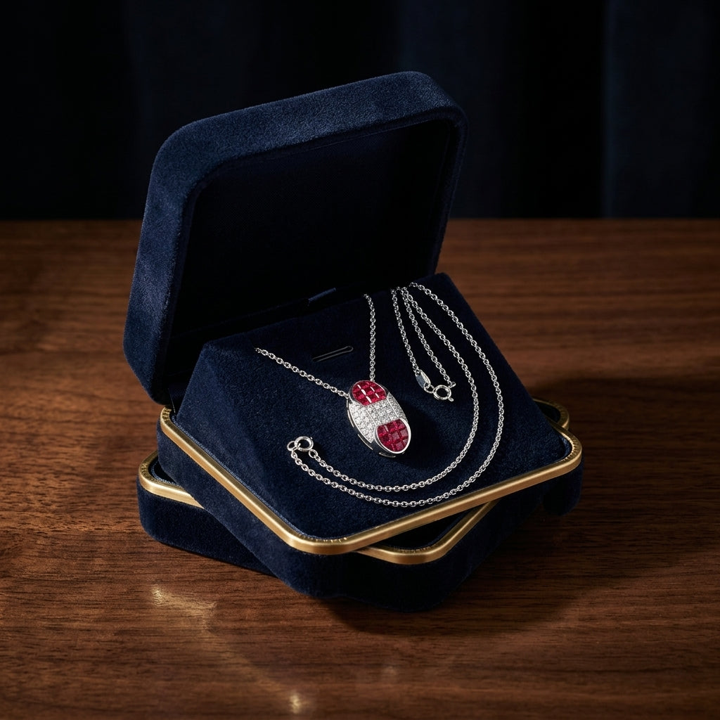 Ruby And Diamond Capsule Pendant In 18k White Gold (16-in Cable Chain) — gift presentation
